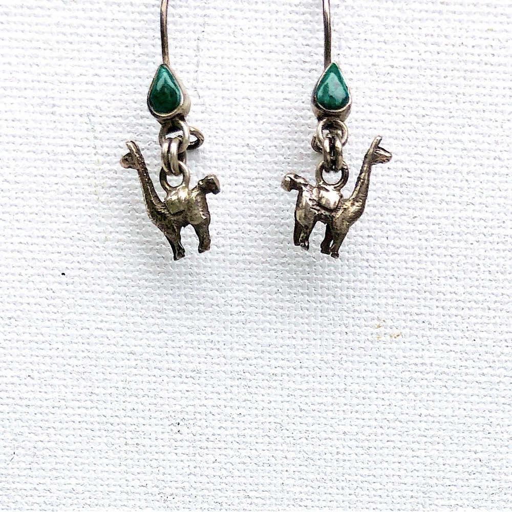 Signed Silver with Turquoise Llama Drop Pierced Earrings